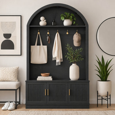 Arbre d'entrée haut arqué avec 5 crochets en métal, mobilier de vestibule tout-en-un avec tablettes réglables, banc d'entrée de style Mid-Century cannelé avec finition grain de bois