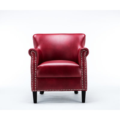 Fauteuil club rouge - siège en similicuir élégant, structure avec bois, coussin en mousse épaisse, tissu d'ameublement d'accentuation clouté discret, sans ressorts, hauteur des accoudoirs de 26 po, hauteur de 33,15 po