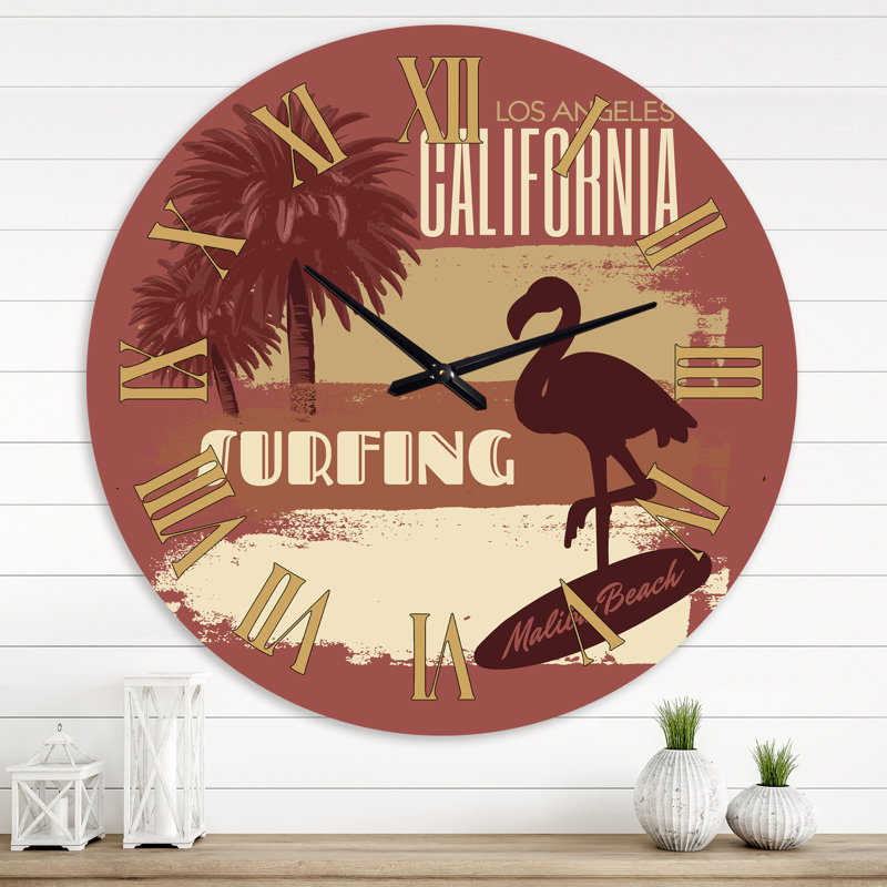 California Surfing Silhouette of FLamingo on Surfboard - Horloge murale moderne, Surdimensionné