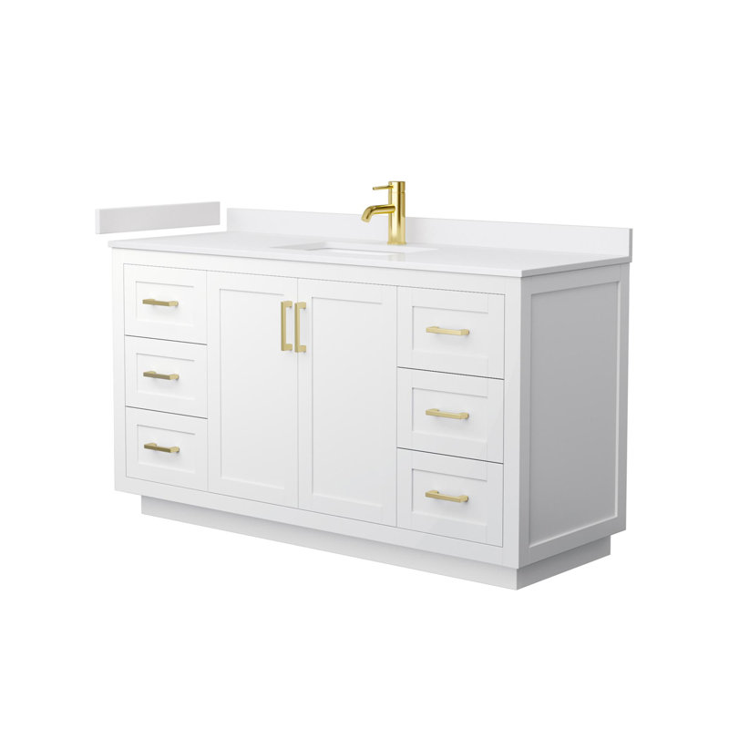 Miranda 60" Freestanding Single Bathroom Vanity with Cultured Marble Top, White, White Cultured Marble, Brushed Gold