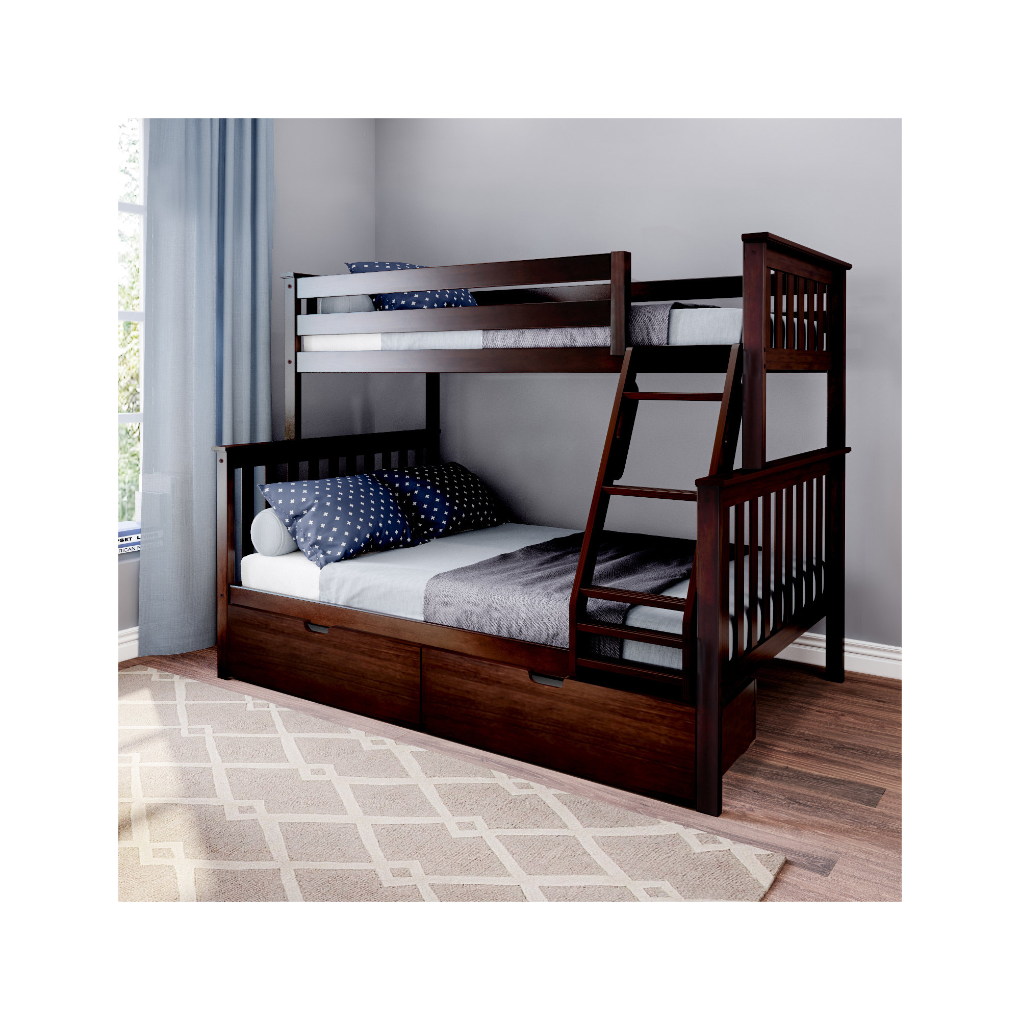 Bolles Kids Bunk Bed with Drawers, Espresso, Twin over Full