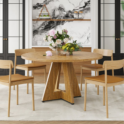 47" Round Dining Table for 4-7 People, Modern Wood Kitchen Table with Sturdy Metal Base, Large Round Dinner Table for Dining Room, Easy Assembly
