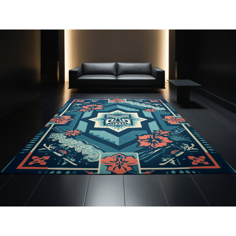 Machine Washable Flemington Maui Eclectic Block Print Rug in Blue – Navy Binding, 7x10