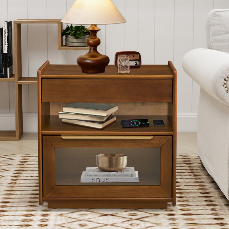 Table de chevet moderne Mid-Century avec station de charge, table de bout à 2 tiroirs et tablette ouverte, Noyer foncé
