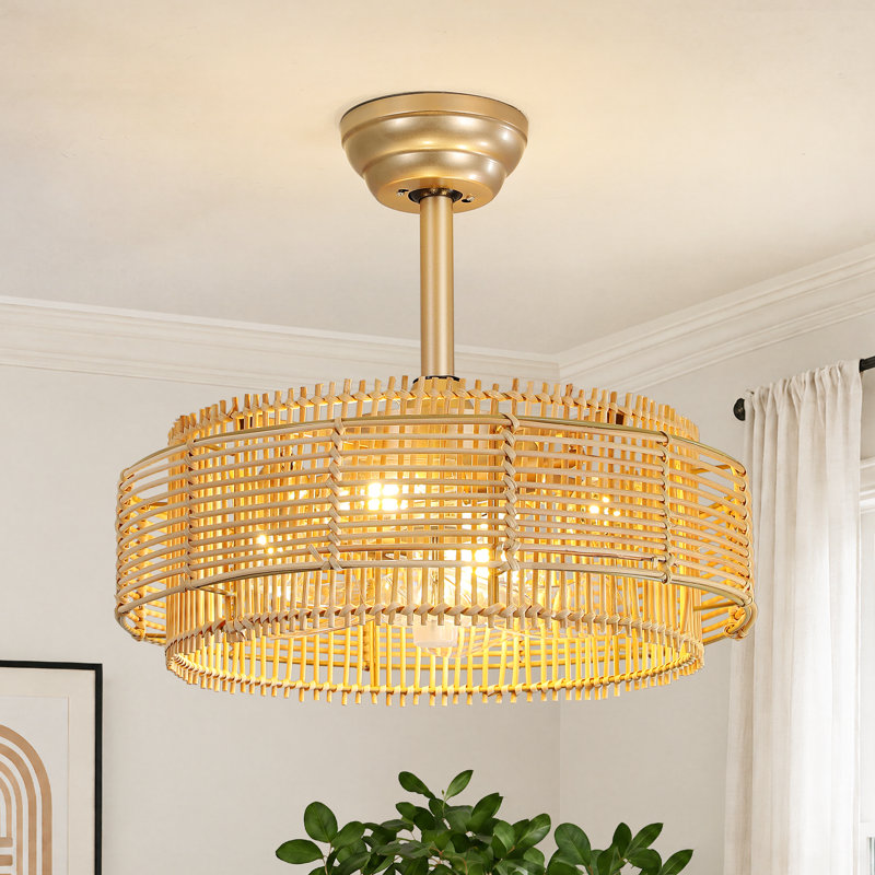 Ventilateur de plafond de style bohème rustique de 50 cm (19,69 po), abat-jour en rotin ajouré, moteur CC réversible à 6 vitesses