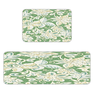 Ensemble de 2 tapis de cuisine rétro à feuilles vertes et fleurs