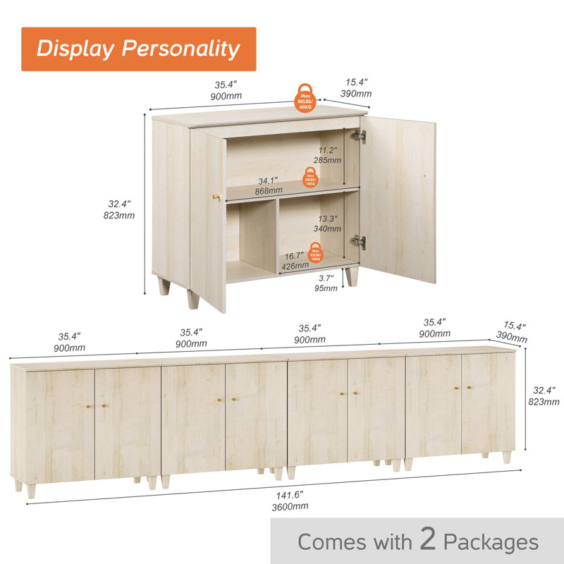 4-In-1 TV Stands With Doors, Entertainment Center With 12 Storage Compartments, Light Oak