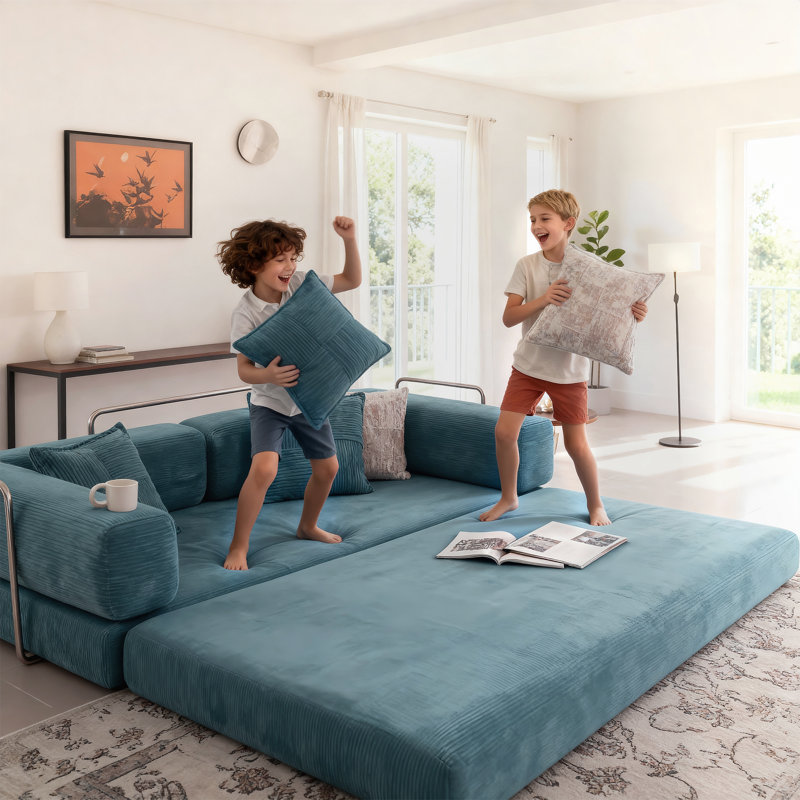 78.8-Inch Upholstered Double Sofa Bed, Modular Sofa Bed, Includes 2 Throw Pillows, Foldable Sofa, Blue