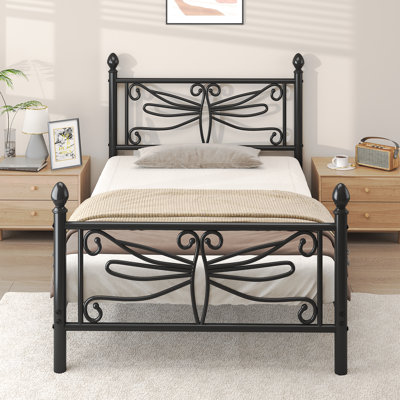 Twin Elegant Metal Platform Bed with Dragonfly Headboard and Footboard, Sturdy and Stable Structure & Under-bed Storage, Easy Assembly, Black