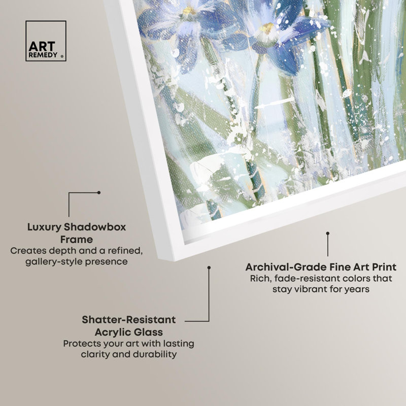 «Blue Iris Blue Decor Shadowbox» par Art Remedy, H 31 po x l 25 po, Blanc