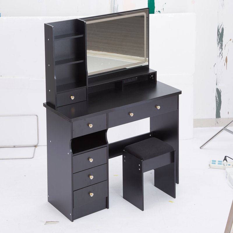 Meuble-lavabo de 41 po avec tiroir à gauche et tabouret rembourré, très grand miroir à DEL, Noir, noir, noir, noir