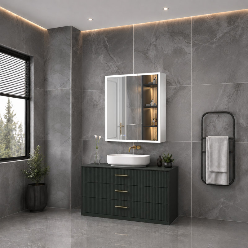 Hendra Recessed Frameless 2 Door Medicine Cabinet with 3 Adjustable Shelves and LED Lighting