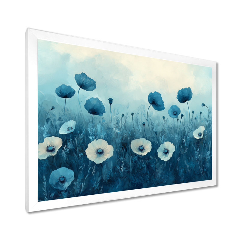 Coquelicots des prés sarcelle I - Tableau encadré, H 12 po x l 20 po, White Picture Framed