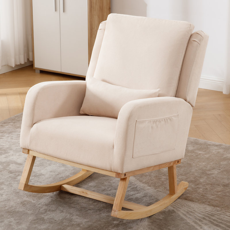 27.5-Inch Wide Rocking Chair with Solid Wood Legs and Ergonomic Lumbar Support Pillow, Beige Linen