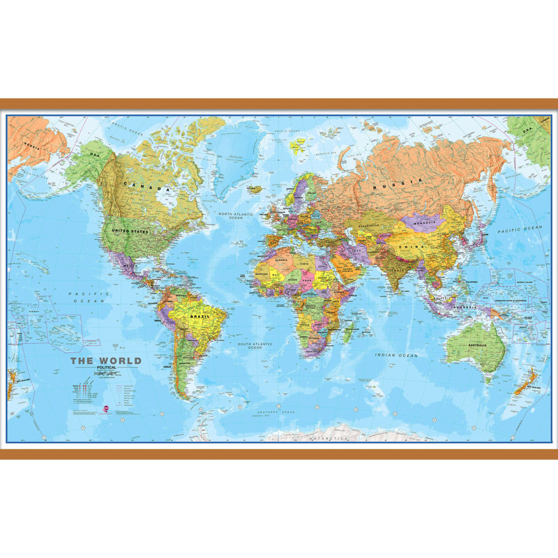 Medium World Wall Map Political - Single Picture Frame Print, 122.5cm H x 197cm W x 0.5cm D, Brown Framed