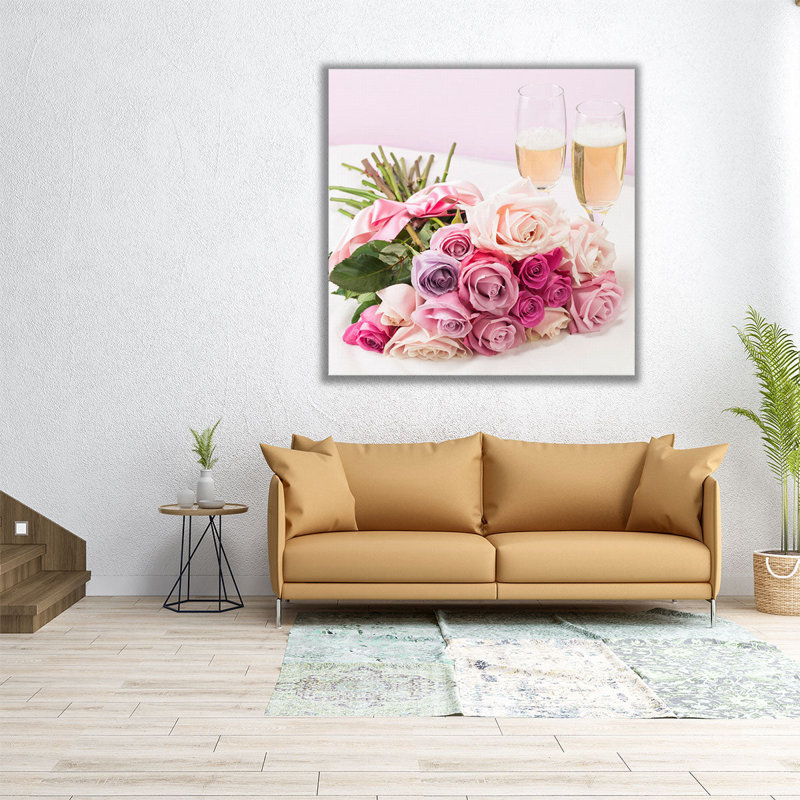 Bouquet de roses avec verres à champagne - reproduction d'art sur toile, H 12 po x l 12 po