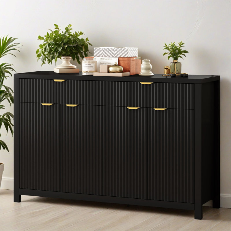 Buffet de rangement 55,12 po à 4 portes avec tiroirs et tablettes réglables, buffet en bois pour le salon, vestibule, Noir