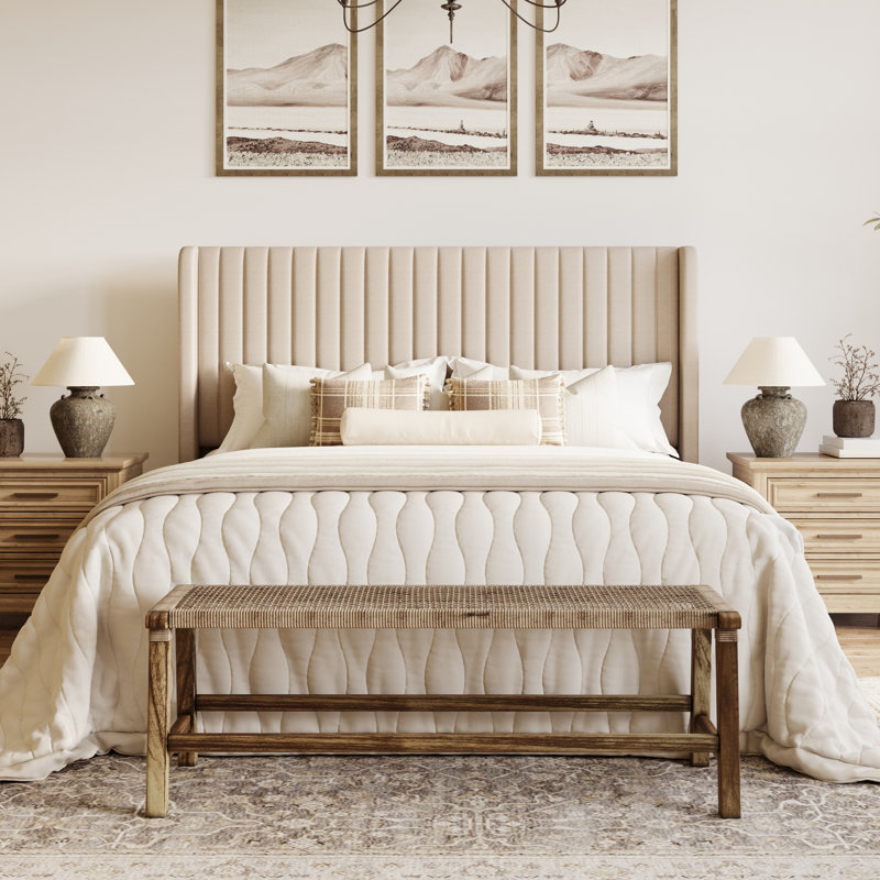 Candler Velvet Upholstered Platform Bed with Wingback Headboard and Wooden Slats, Full, Beige