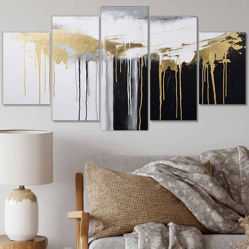Golden River Wildness abstrait doré et noir III - décoration murale abstraite - 5 panneaux