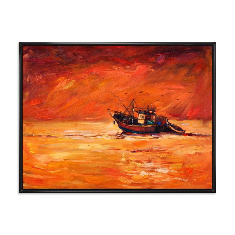 Bateau de pêche pendant la soirée - peinture sur toile, H 24 po x l 32 po x P 1 po, Cadre flottant noir