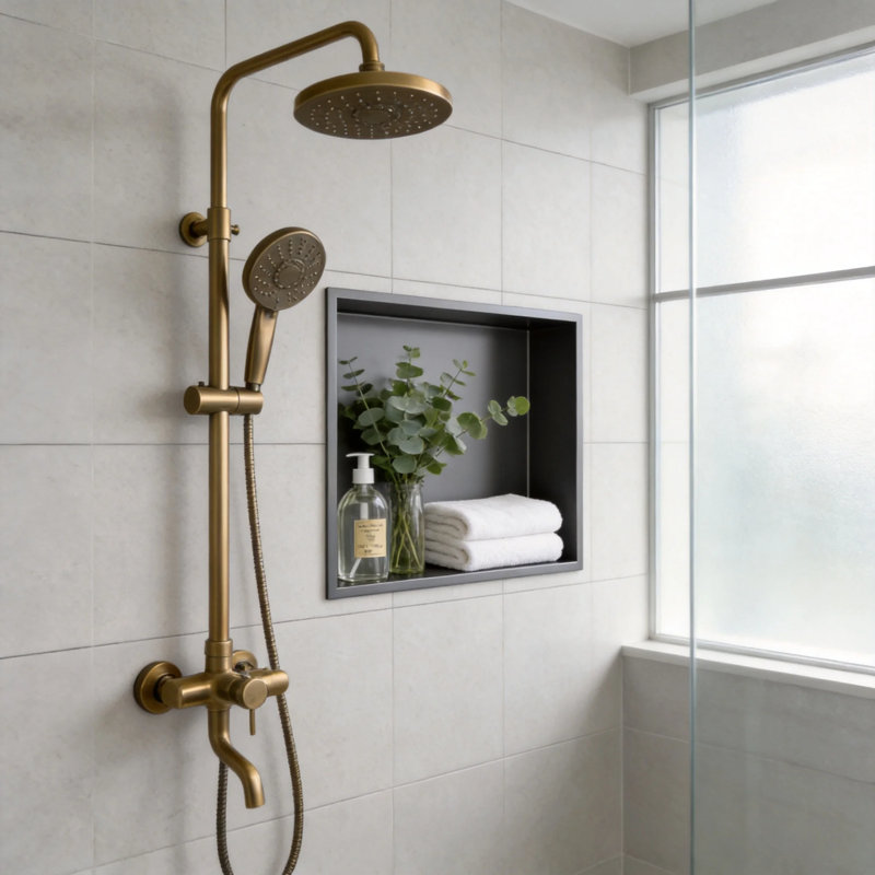 Niche de douche encastrée en acier inoxydable noir canon de fusil 48 x 38 cm – Rangement mural pour salle de bain, cuisine et VR