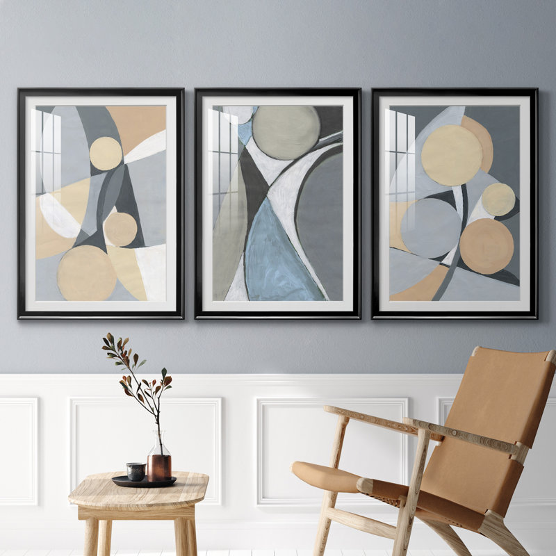 Un doux bijou géométrique II - ensemble de 3 reproductions d'art encadrées, Cadre noir, H 30,5 po x l 127,5 po x P 1,5 po