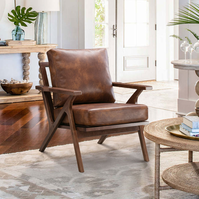 Salma 29.5" Wide Solid Wood Frame Upholstered Mid Century Modern Retro Accent Chair, Brown Faux Leather