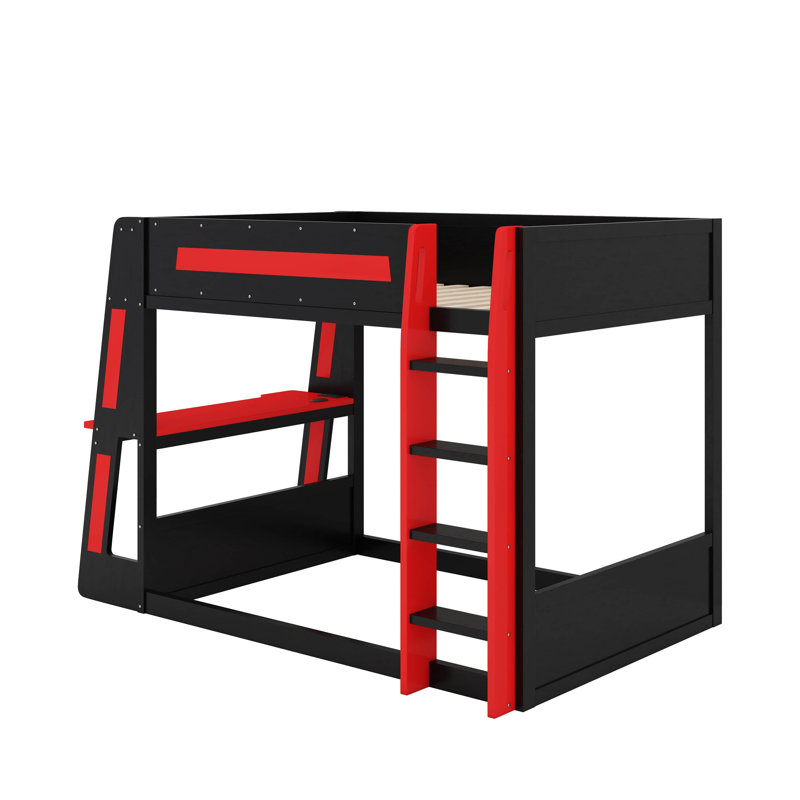 Twin Size Gaming Bunk Bed With Desk,Two Storage Shelves,USB And LED Light, Black/Red