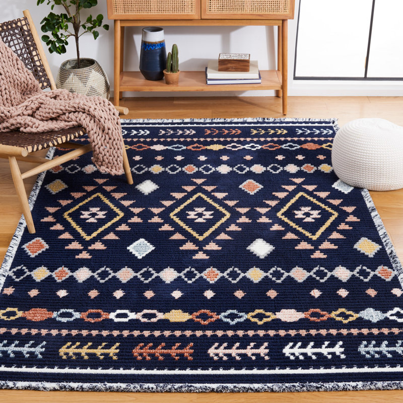 Baston Southwestern Navy/Orange/White Area Rug, Rectangle 9' x 12'