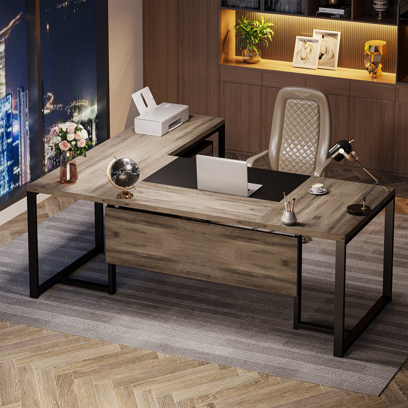 Bureau de direction en L avec cabinet de rangement Rohima, Noyer/blanc