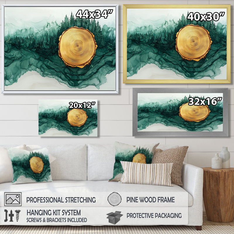 Forêt d'hiver avec paysage de rivière Emerald III - art mural forêt, H 16 po x l 32 po, Toile tendue sur cadre