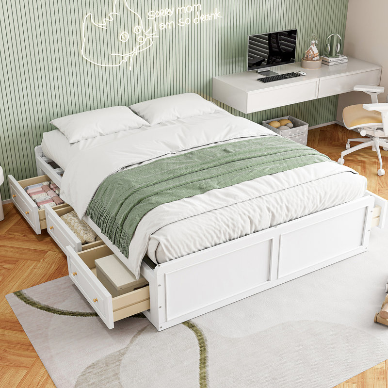 Grand lit plateforme avec 6 tiroirs en blanc - stable et 6 cadres solides polyvalents