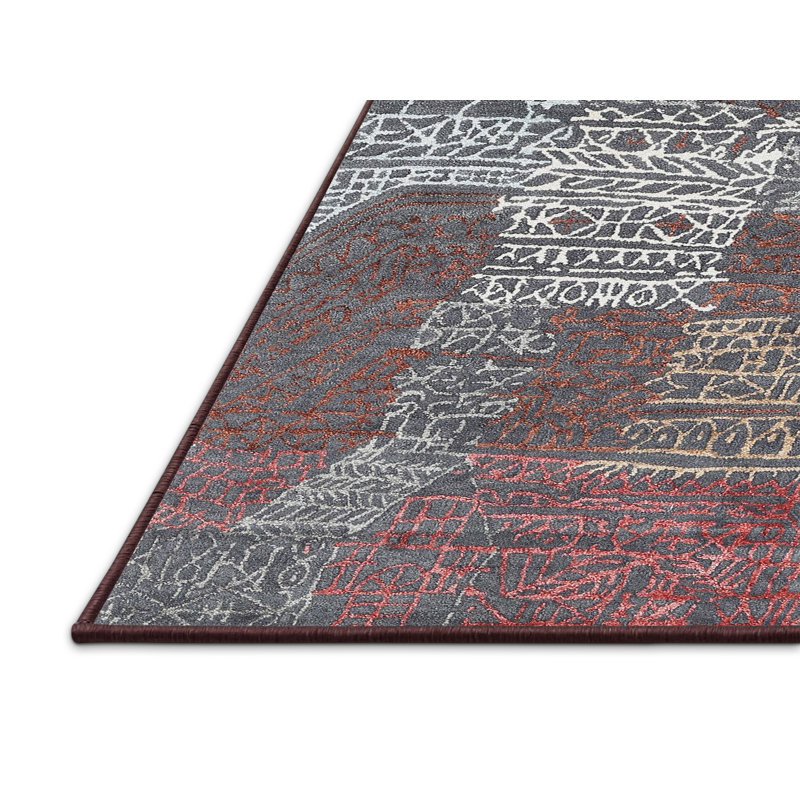 Tapis de zone rouge/gris contemporaine, Rectangle 3 pi x 5 pi