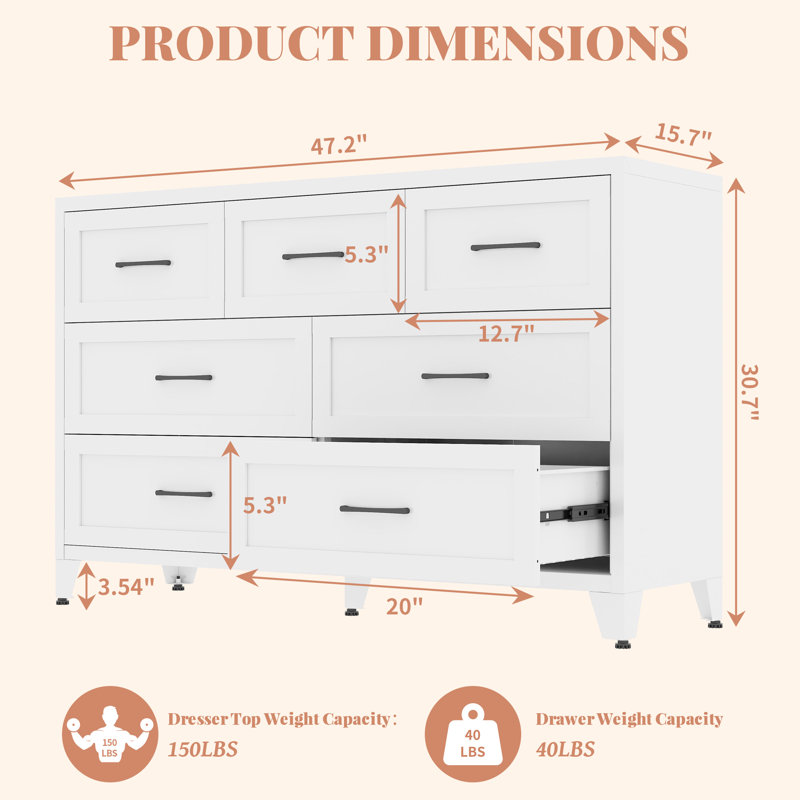 Makeace 7-Drawer Metal Dresser in White, Modern Tall Storage Cabinet for Bedroom, Living Room, Hallway, or Entryway, White