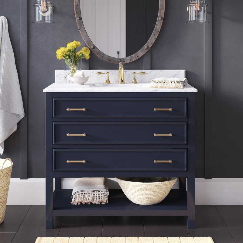 Ensemble de meuble-lavabo simple 36 po Pamula, Bleu marine, Polished Marble