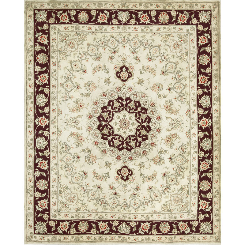 Hand-Knotted High-Quality Ivory and Wine Area Rug
