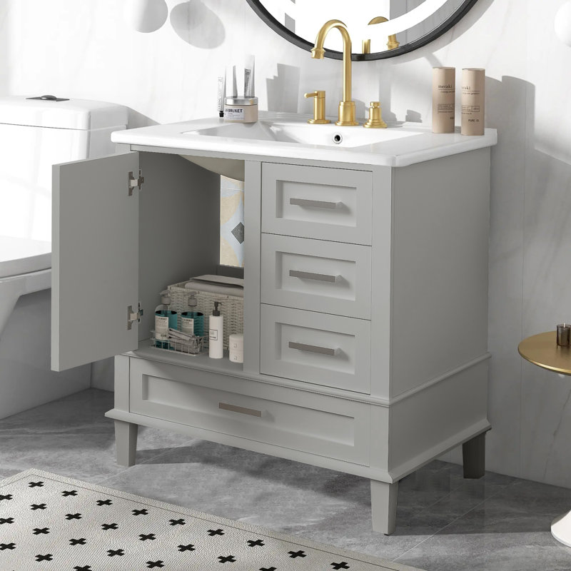 30" Single Bathroom Vanity with Ceramic Top, Gray