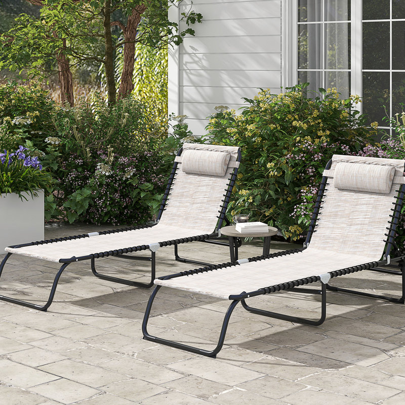 2Pcs Outdoor Lounge - Breathable Mesh, 4 Adjustable Back In Cream For Yard Beach Chair Recline, Folding Patio