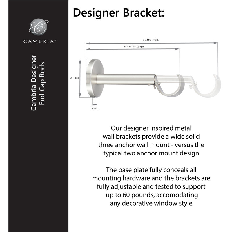 Cambria Designer Series Premium 1-1 / 8 en plus grand diamètre Tringle à rideaux non réglable et supports de designer, 72"