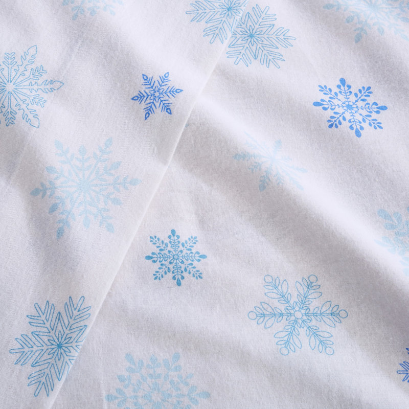 Ensemble de draps 100% flanelle 400 fils 400 fils, Ensemble de draps pour grand lit avec 2 taies d'or, Flocon de neige bleu