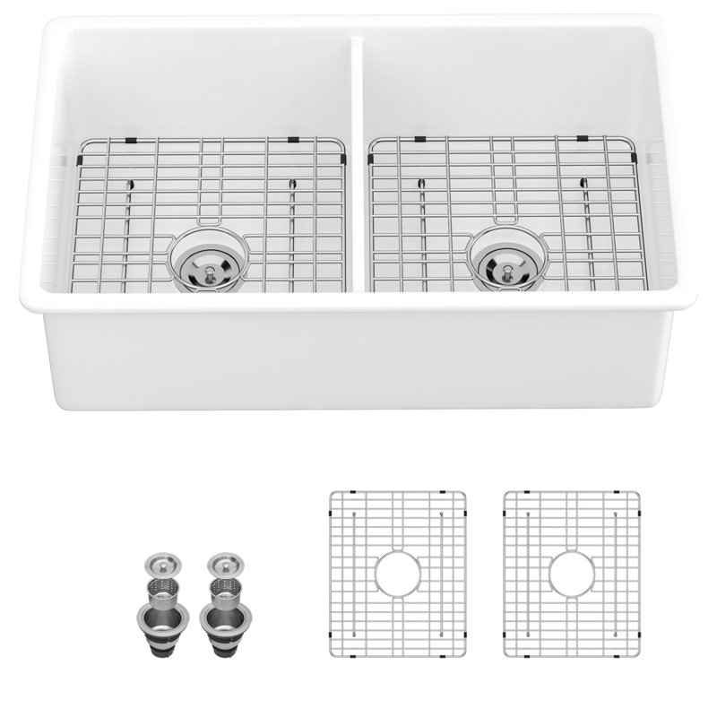 32" Undermount Ceramic Double Bowl Sink - White Rectangular Basin For Sleek Cooking Area Kitchen Deep Stylish