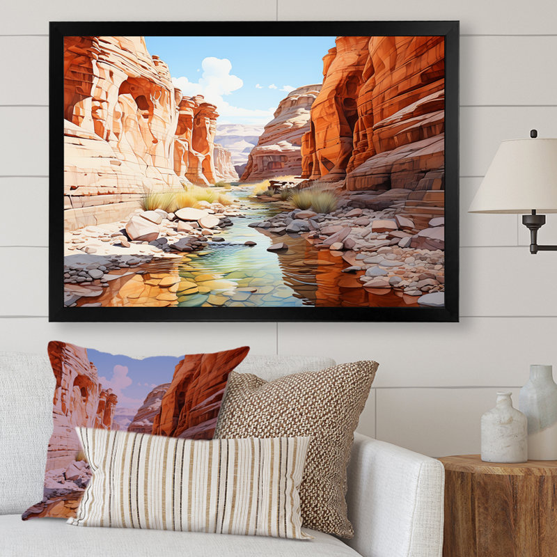 «River By The Canyon Landscape», reproduction sur toile, H 24 po x l 32 po x P 1 po, Cadre simple noir