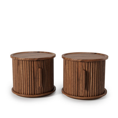 4 Piece Round Coffee Table Set, Modern Nesting Side Tables with Sliding Door Storage, Walnut Finish Sofa End Table & Bedside Nightstand for Living Room & Bedroom, Fluted Roman Column Design Accent Tab