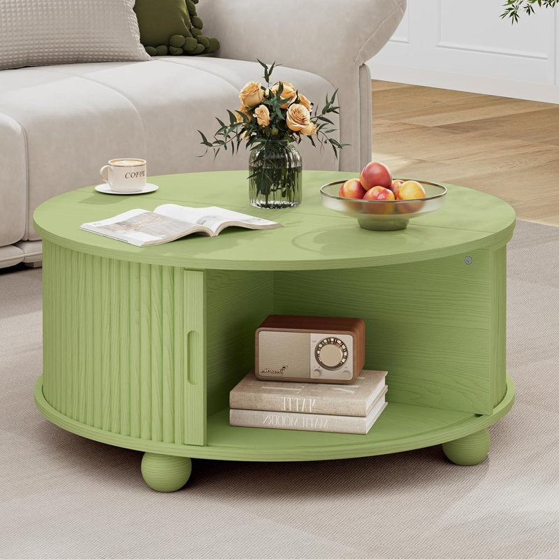 Round Coffee Table with Storage, 31.5" Mid Century Modern Fluted Coffee Table with 360° Curved Sliding Door, Green
