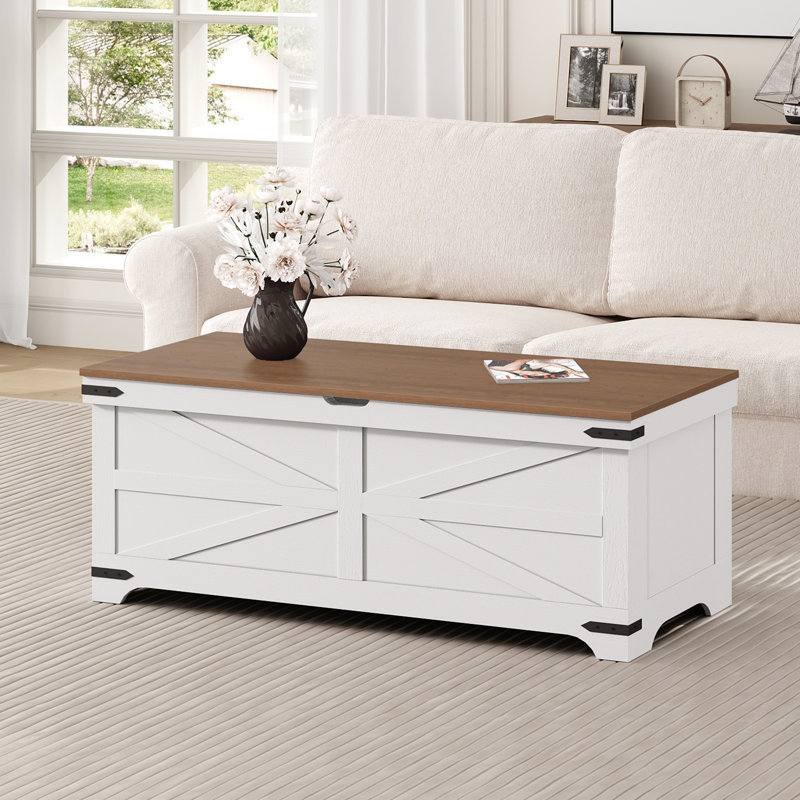 Coffre à jouets 47,2 "Farmhouse avec rangement en U et charnières de sécurité, Blanc/noyer