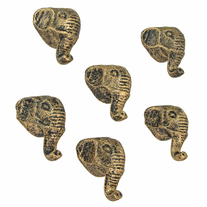 Maurilio Antique Gold Cast Iron Elephant Head Cabinet Knobs and Decorative Drawer Pulls, Set of 6 — 1.75" W X 1.5" D X 2" H