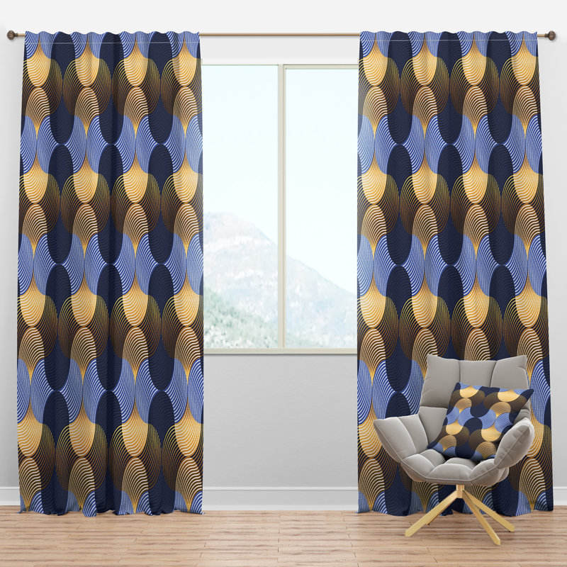 Retro Luxury Waves II - Mid-Century Velvet Curtain - Room darkening - 1 panel, 52"W x 63"L, Gold/Blue
