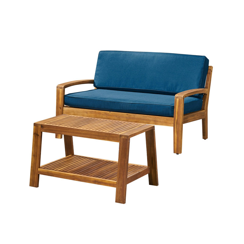 2-Piece Outdoor Teak Acacia Wood Conversation Set - Loveseat & Coffee Table With Dark Blue Water-Resistant Cushions, 350Lbs Capacity For Patio, Deck & Backyard