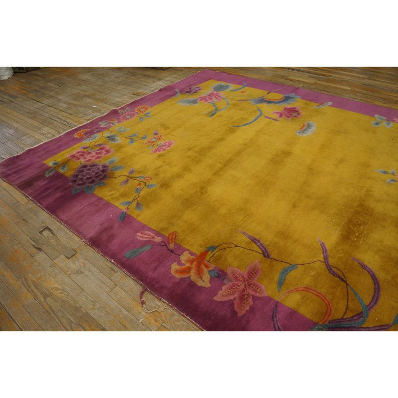 Antique Chinese Art Deco Room Size Wool Yellow Rug