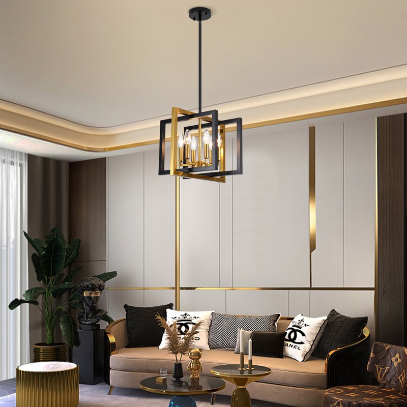 6-Light 15 in. Dimmable Modern Industrial Geometric Candle Style Chandelier with Square Open Frame For Kitchen Island Living Room And Entryway 